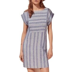 CASLON Coastal 100% Linen Striped Casual Shift Dress Blue White Size S